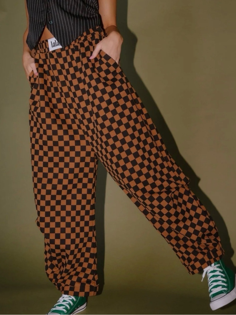 Dressed in Lala Harem Pants in Caramel + Black Checkerboard